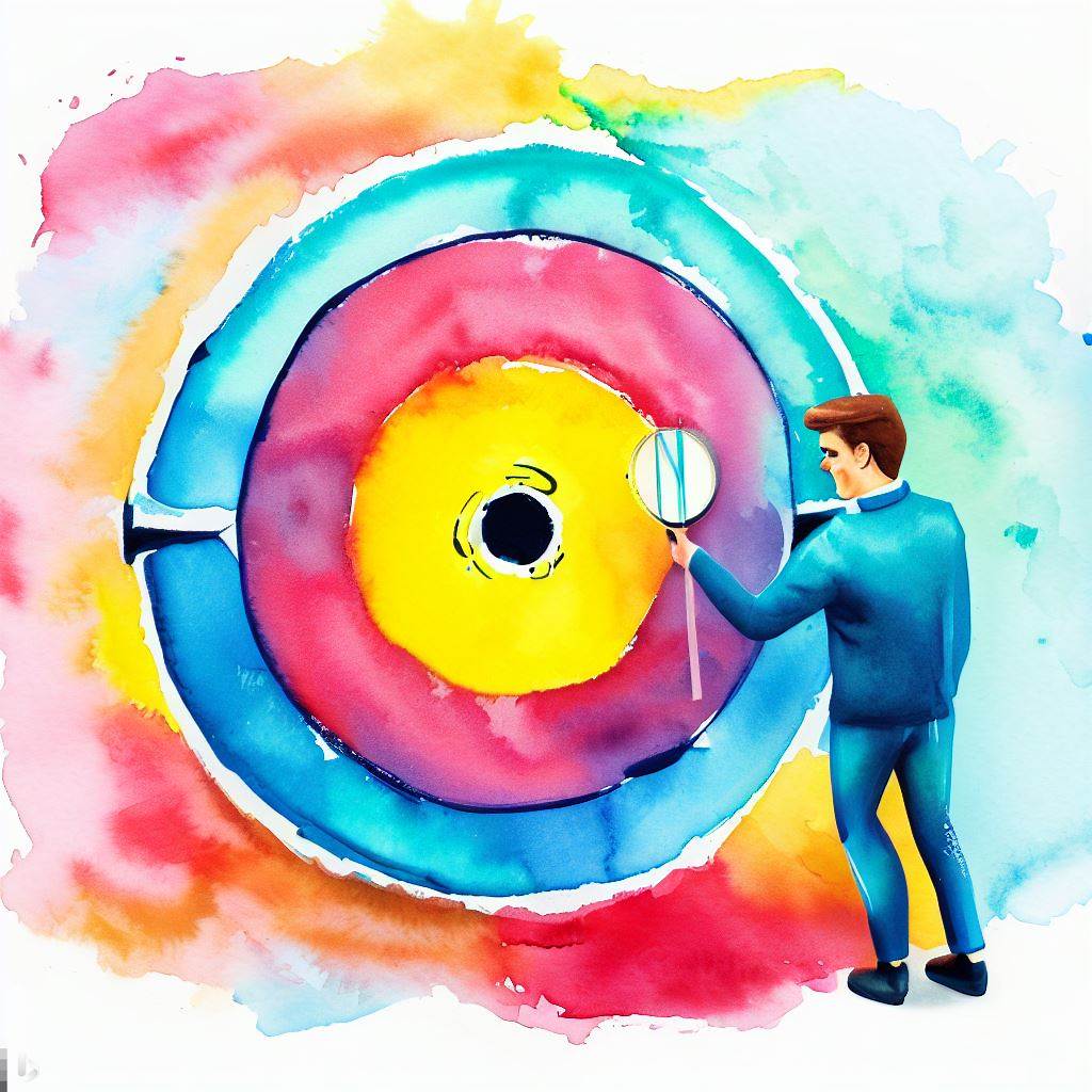 Man looking at a bulleyes, vivid watercolor