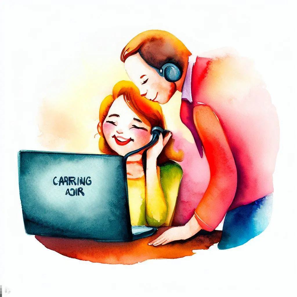 Watercolor of two people doing customer support