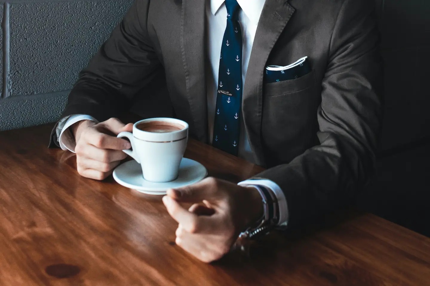 Desk with coffee and watch. Someone establishing a connection